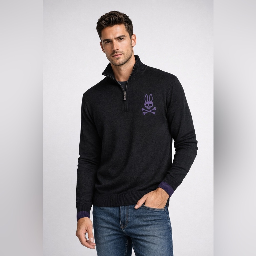 Psycho Bunny Merino Wool Quarter Zip Sweater Black Purple Logo Men’s M